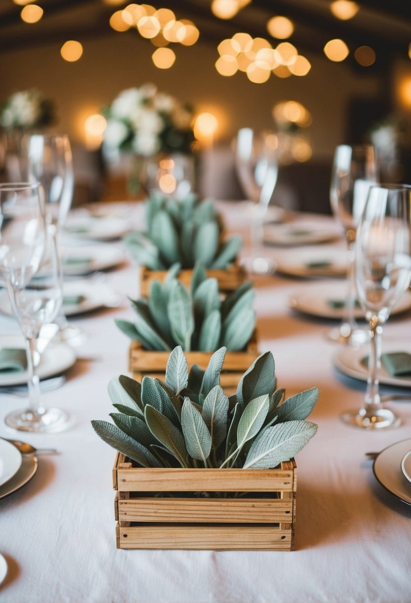 Miniature wooden crates filled with sage leaves arranged on a wedding reception table