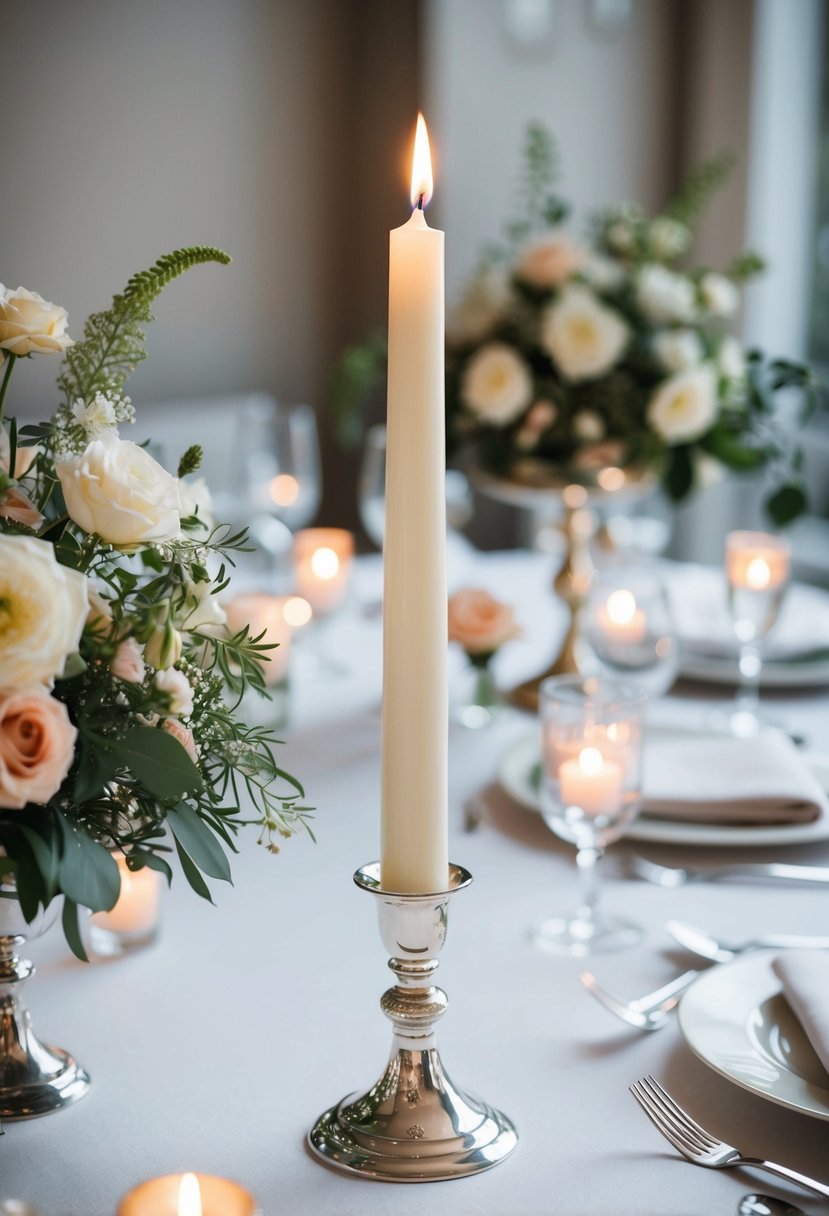 A white taper candle sits in a silver candle holder, surrounded by delicate floral arrangements and elegant tableware on a wedding reception table