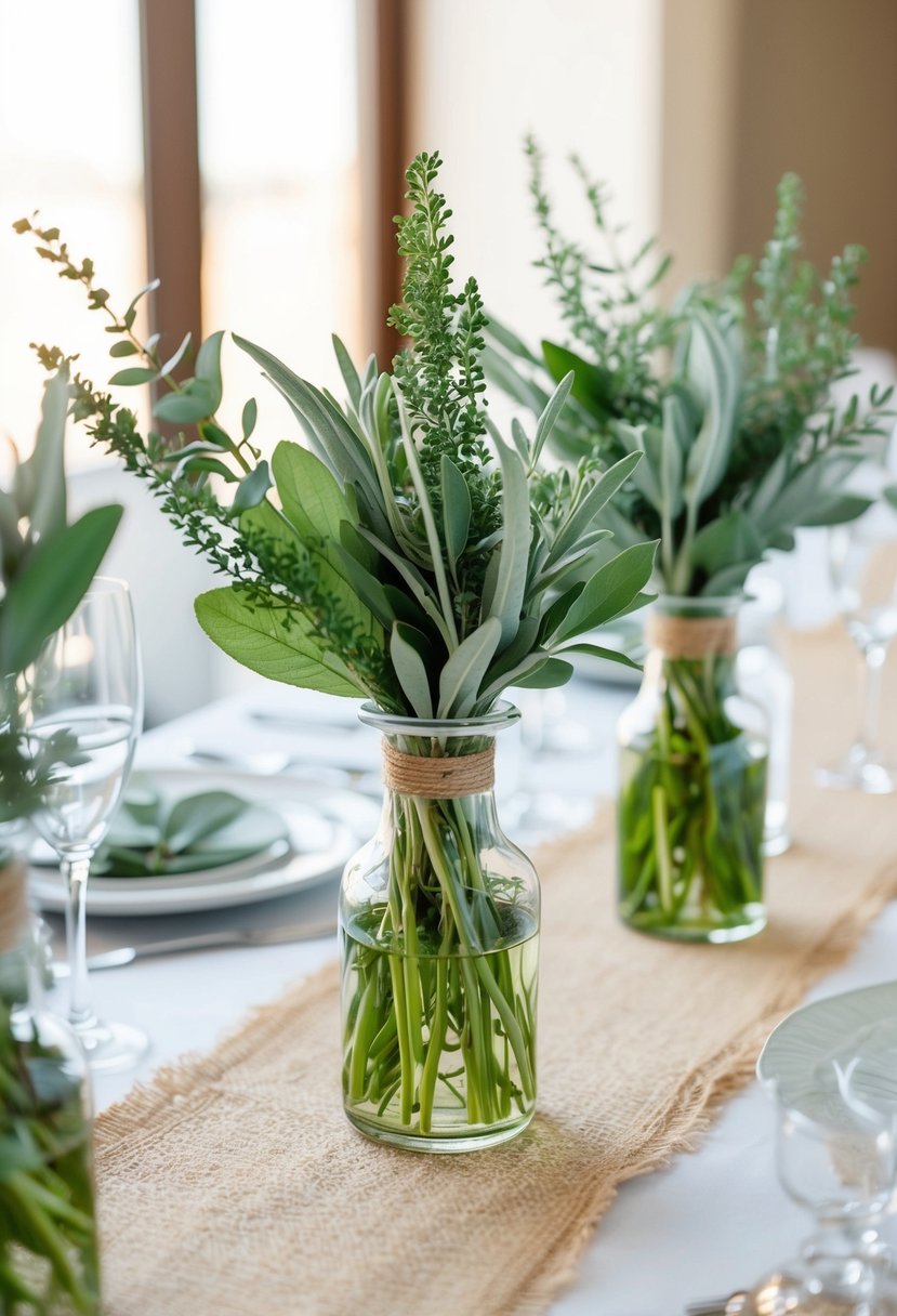 A table adorned with bud vases filled with sage greenery, creating an elegant and natural wedding centerpiece