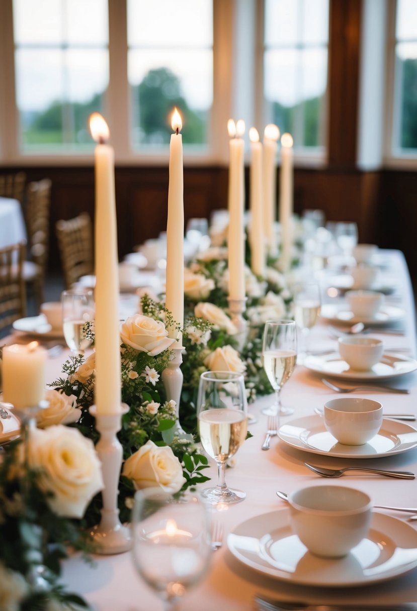 White taper candles line tables in a classic wedding setting