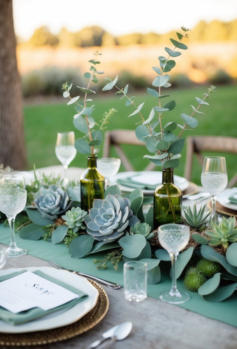 A sage-themed wedding table adorned with seasonal touches: eucalyptus, succulents, and soft green accents in a rustic, elegant setting