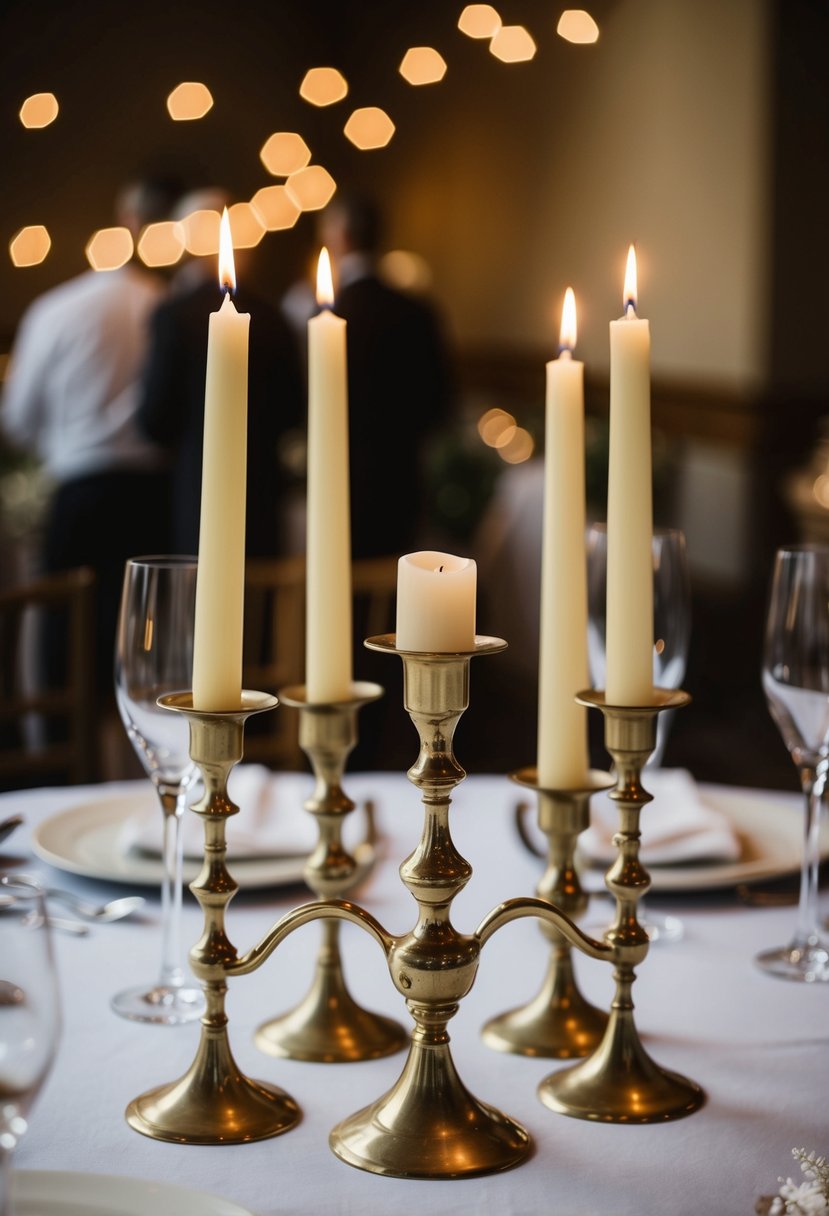 Brass candle holders with taper candles on a wedding table