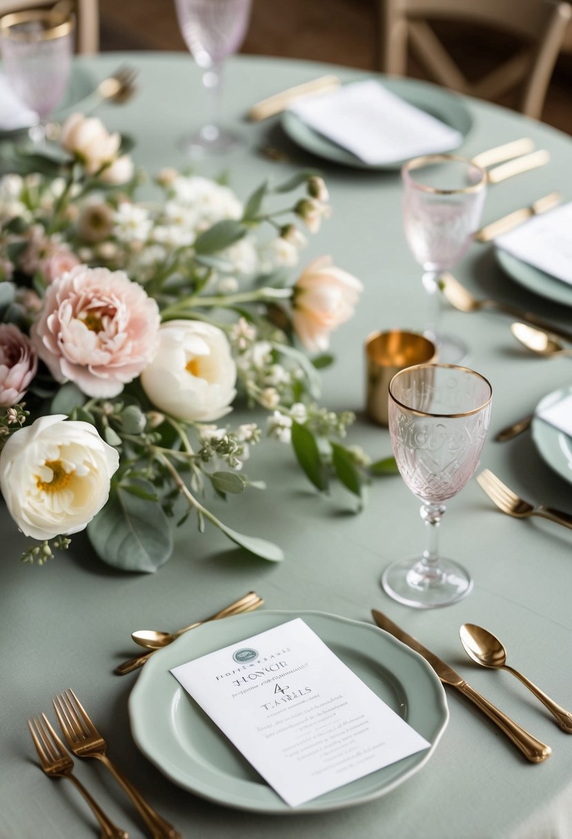 A sage table adorned with delicate florals in soft hues