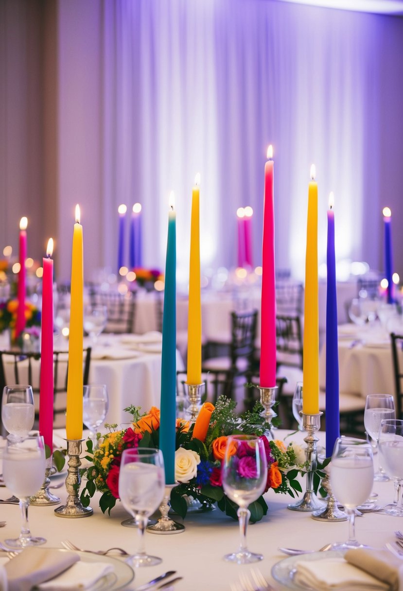 A table set with elegant white linens and adorned with vibrant colored taper candles in various heights, creating a striking pop of color for a wedding reception centerpiece