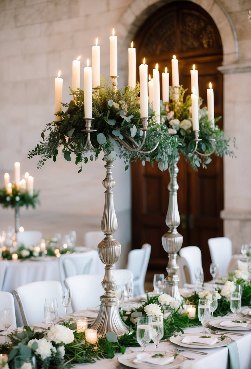 Tall candelabras adorned with sage greenery on a wedding table