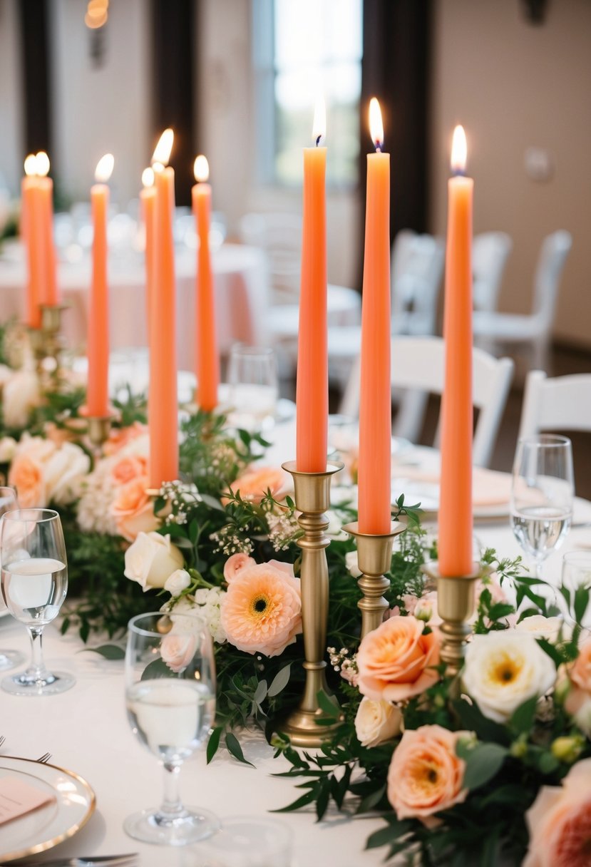 Peach taper candles stand among floral centerpieces on a wedding table