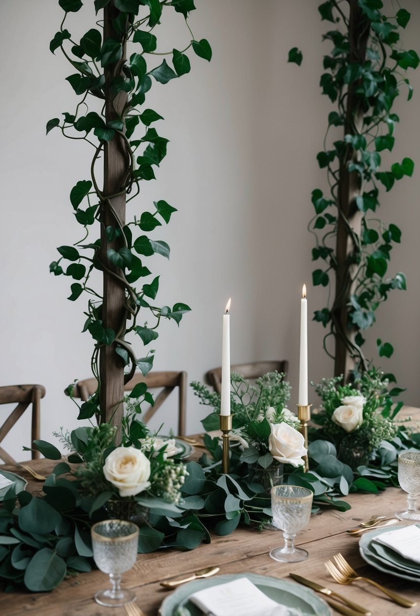 Dark green vines twist around a rustic wooden table, adorned with sage-colored floral arrangements and delicate candle holders