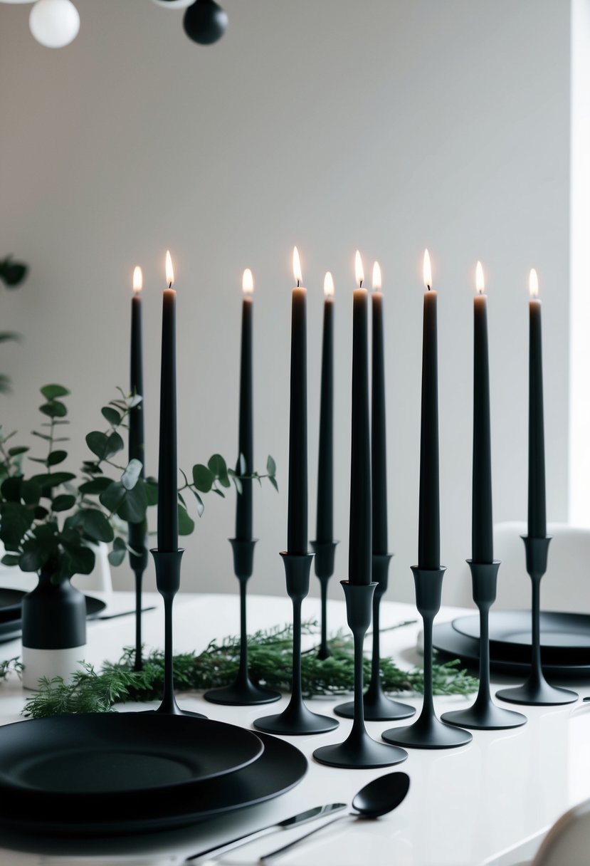 Black taper candles arranged in sleek holders on a white table, surrounded by minimalist greenery and modern tableware