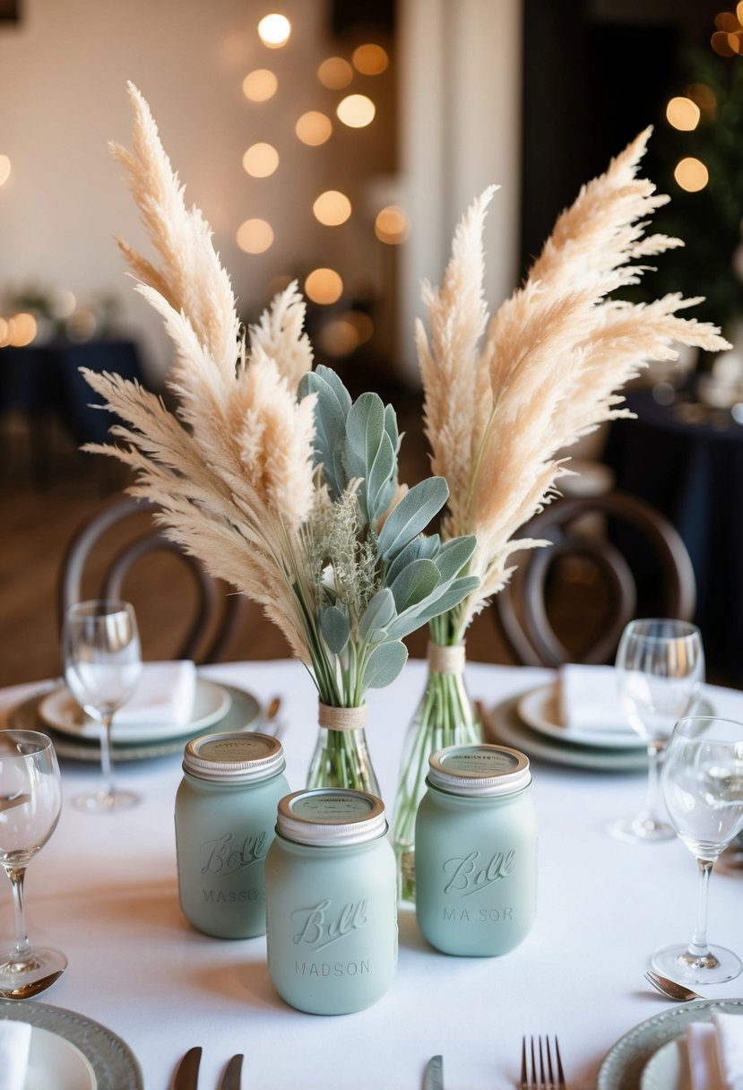 Pampas grass and sage jars adorn a wedding table