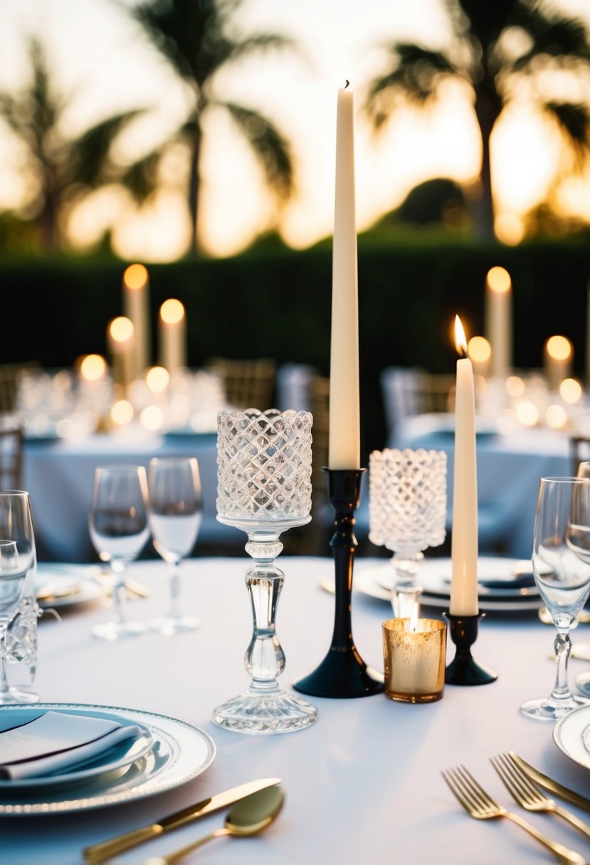 A table set with crystal candle holders and taper candles for a sophisticated wedding decoration