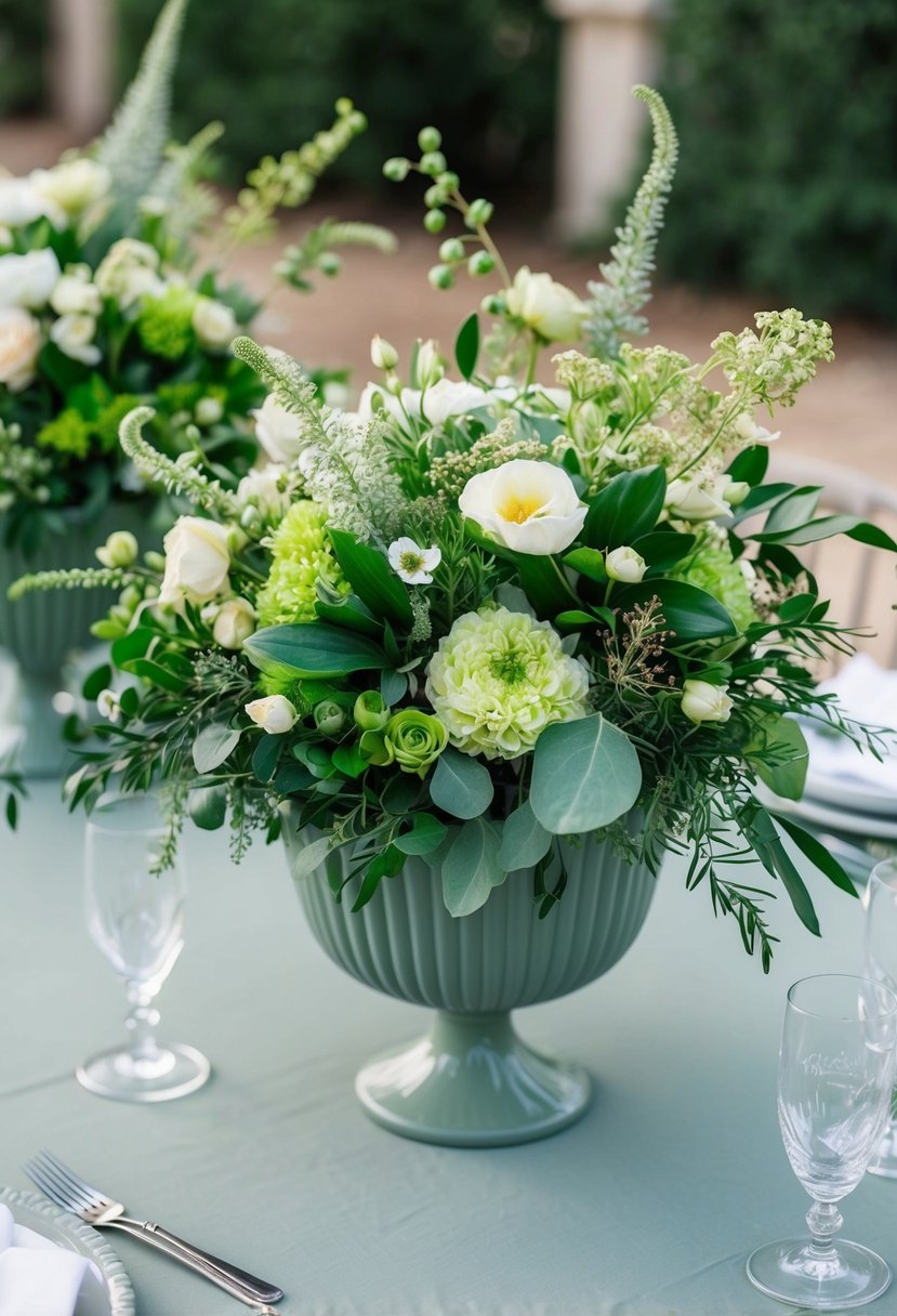 Lush compotes overflow with greenery and delicate blooms on a sage wedding table