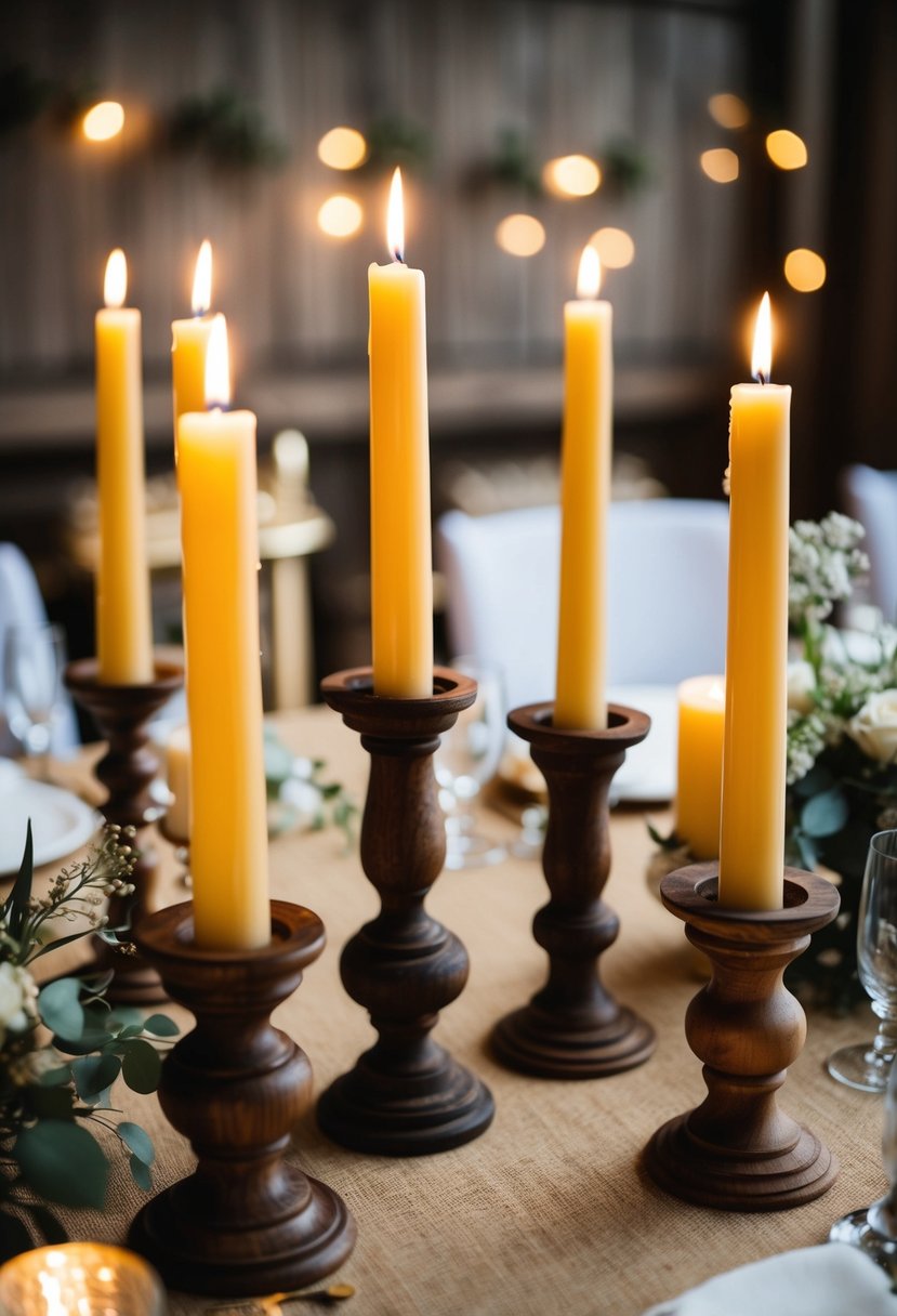 Wooden candle holders arranged on a table with taper candles, surrounded by rustic wedding decor