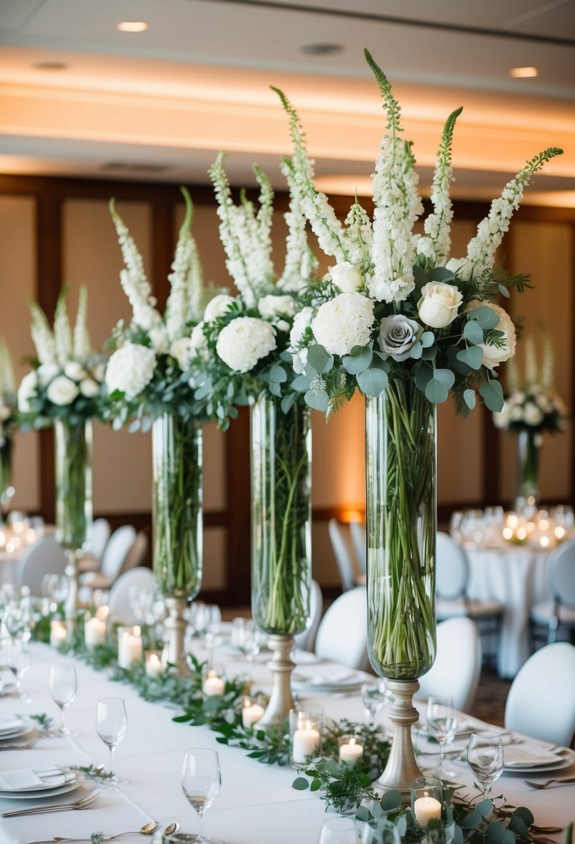 Tall vases filled with sage greenery and white flowers adorn a wedding reception table, creating an elegant and sophisticated ambiance