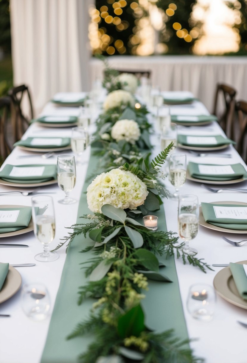 A table adorned with sage green runners, lush greenery, and delicate wedding decorations