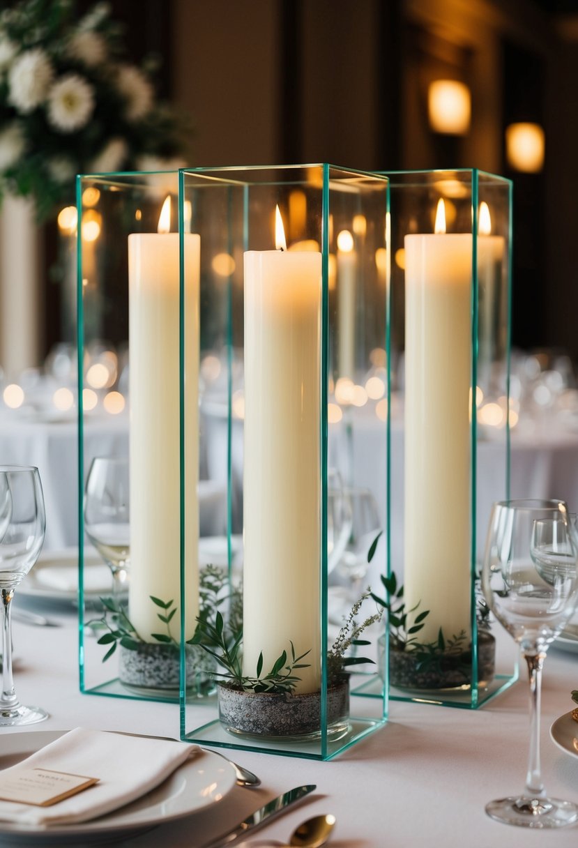 Glass cases encase taper candles on a wedding table, creating elegant and romantic decoration ideas