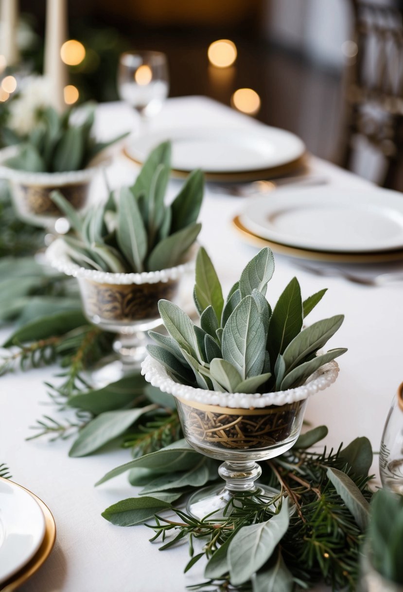 A table adorned with mini compotes filled with sage leaves, creating an elegant and natural wedding decoration