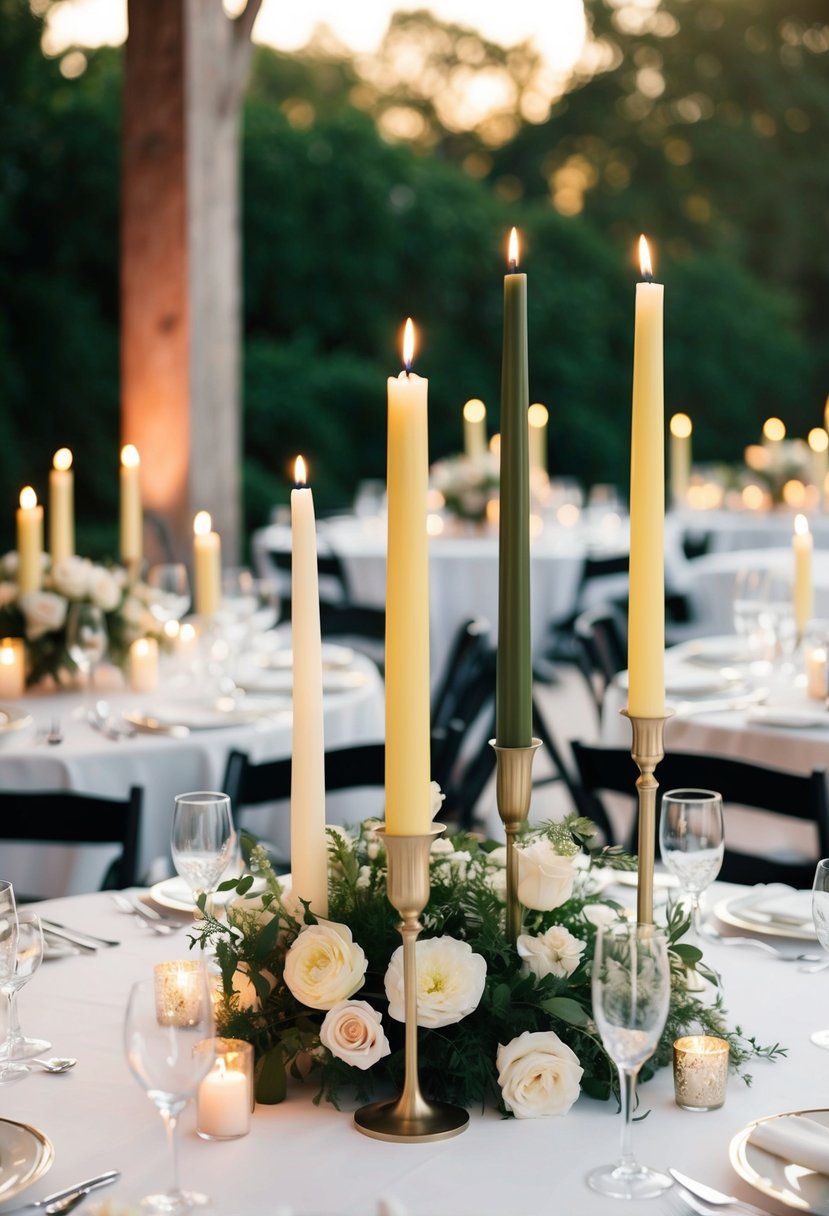 A table adorned with a mix of tall and short taper candles, creating an elegant and dynamic wedding centerpiece