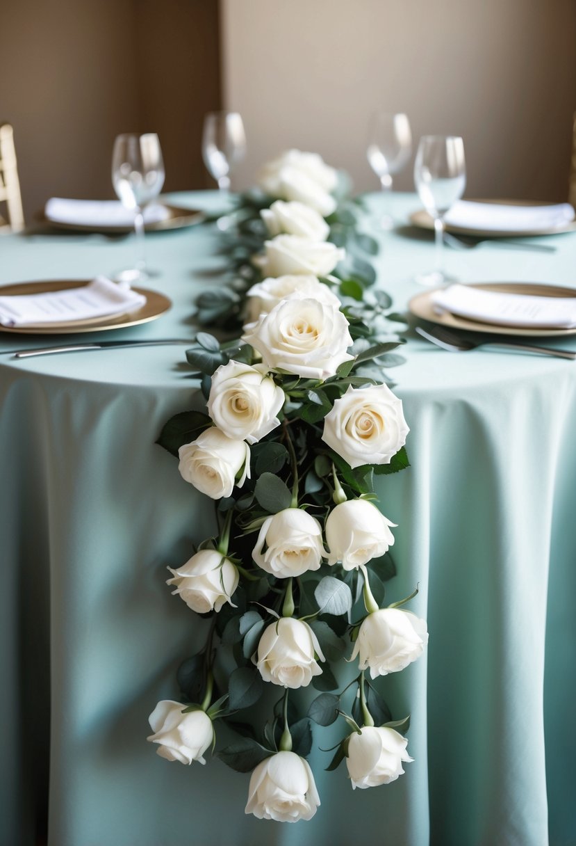 A white rose garland drapes elegantly across a sage-colored wedding table, creating a romantic and enchanting atmosphere