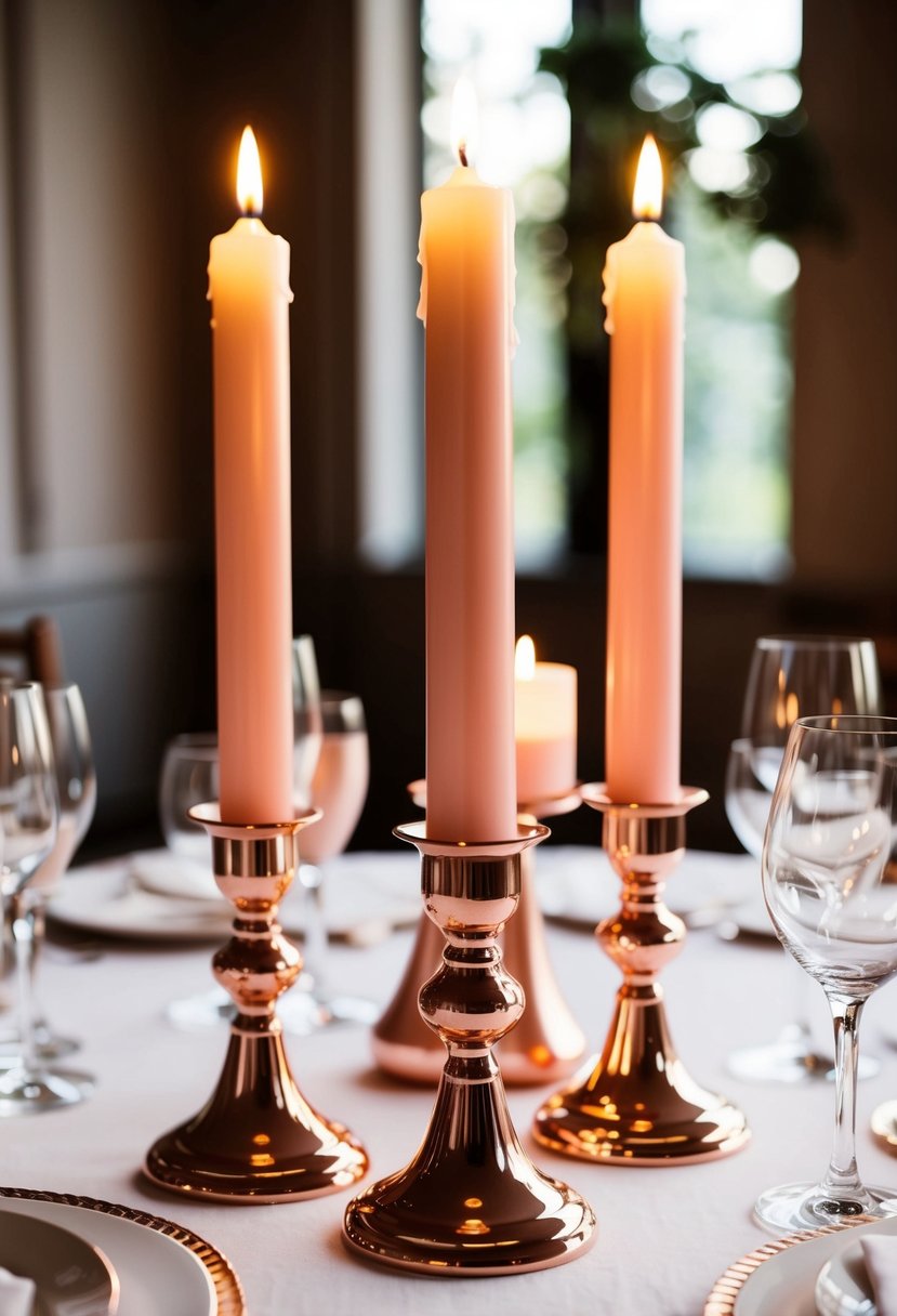 A table adorned with rose gold taper candle holders, casting a warm glow in a romantic wedding setting