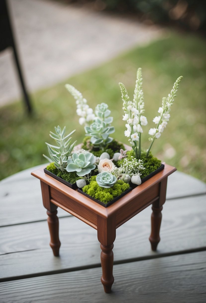 A small wooden table adorned with sage green miniature gardens and delicate floral arrangements