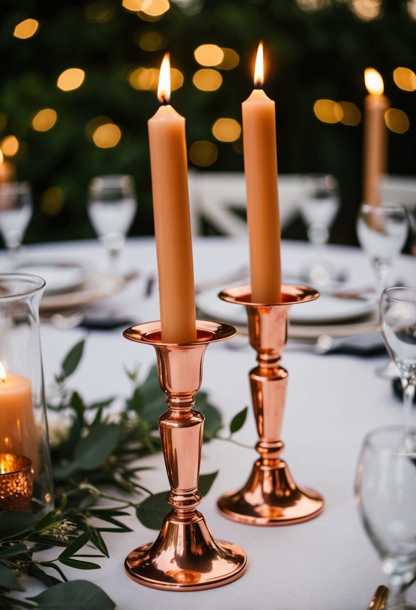 Copper candle holders adorn accent tables with taper candles for a wedding table decoration