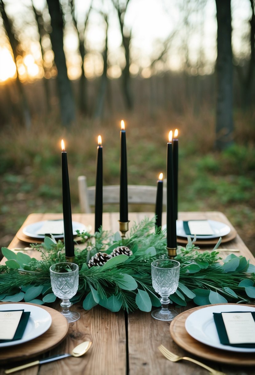 A rustic wooden table adorned with sage greenery and black taper candles