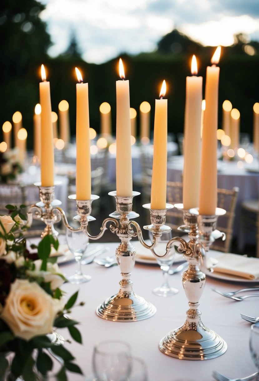 European silver candle holders arranged on a wedding table with taper candles