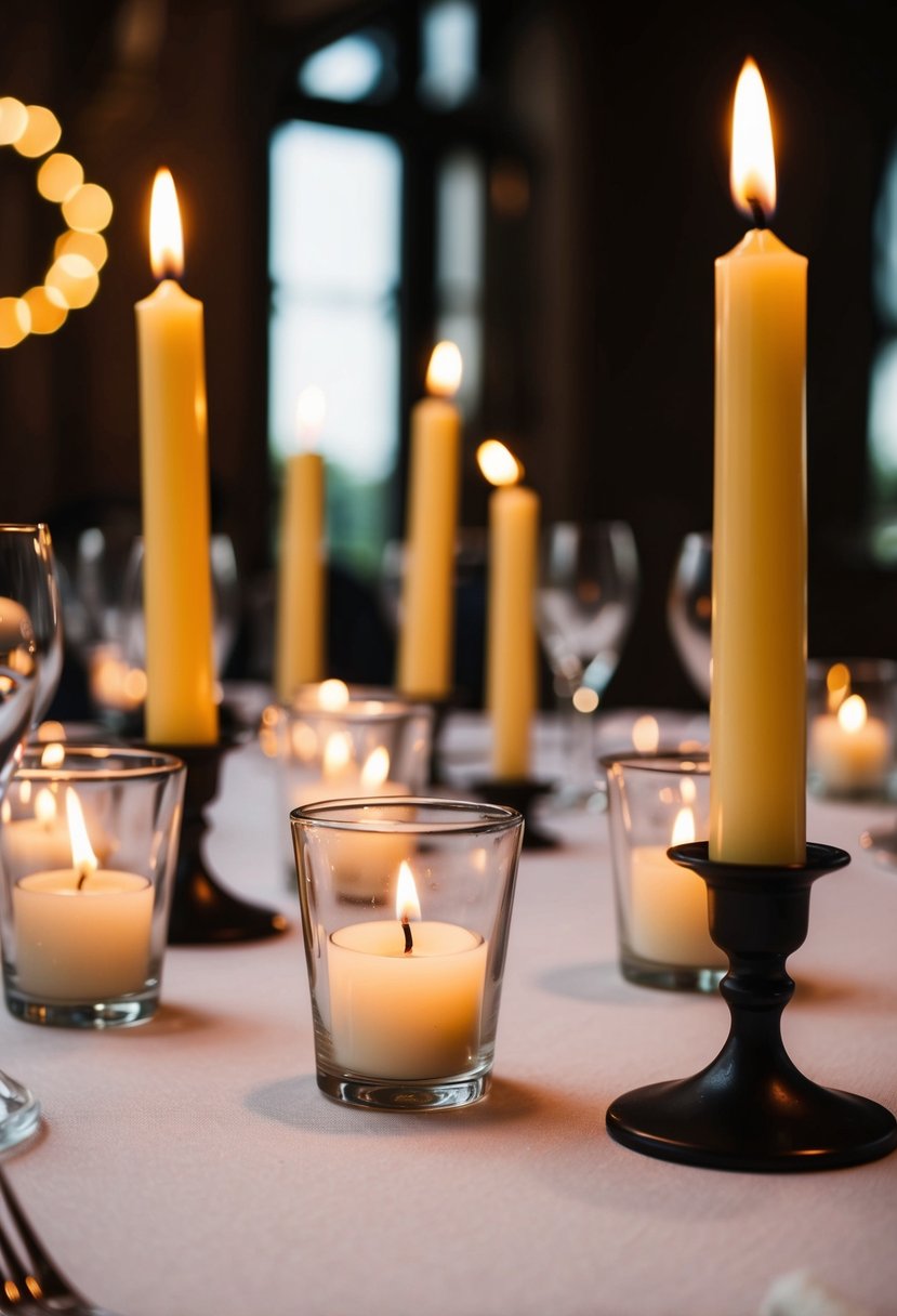 Low votives scattered among taper candles on a wedding table