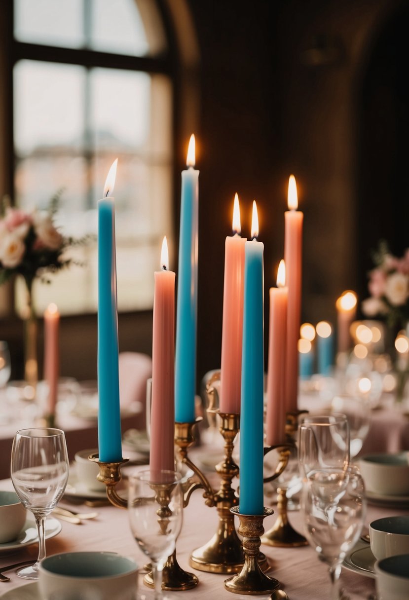 Dusty rose and soft blue taper candles arranged on a wedding table, casting a warm and romantic glow