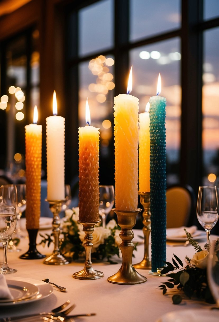 A table set with textured taper candles in various heights and colors, casting a warm glow over a wedding reception