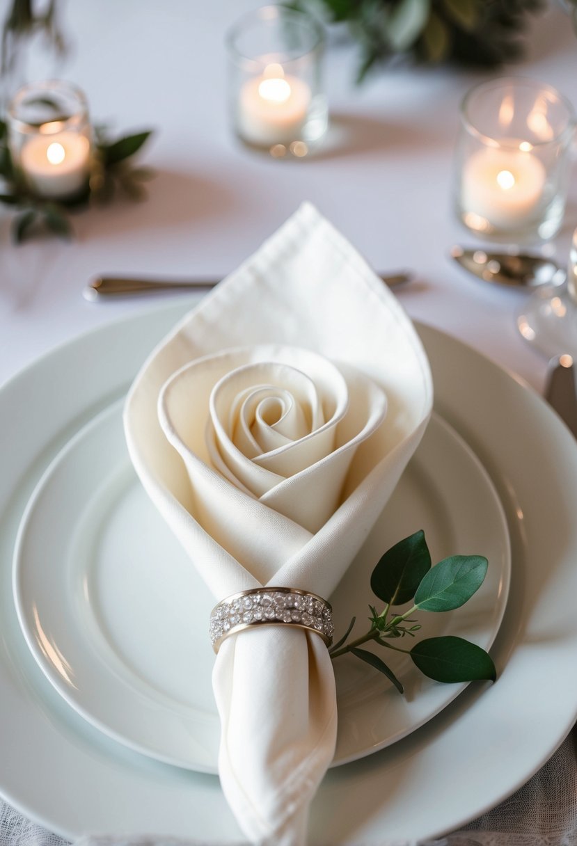 A white napkin folded into a rose shape, placed on a wedding reception table with a silver napkin ring and a sprig of greenery