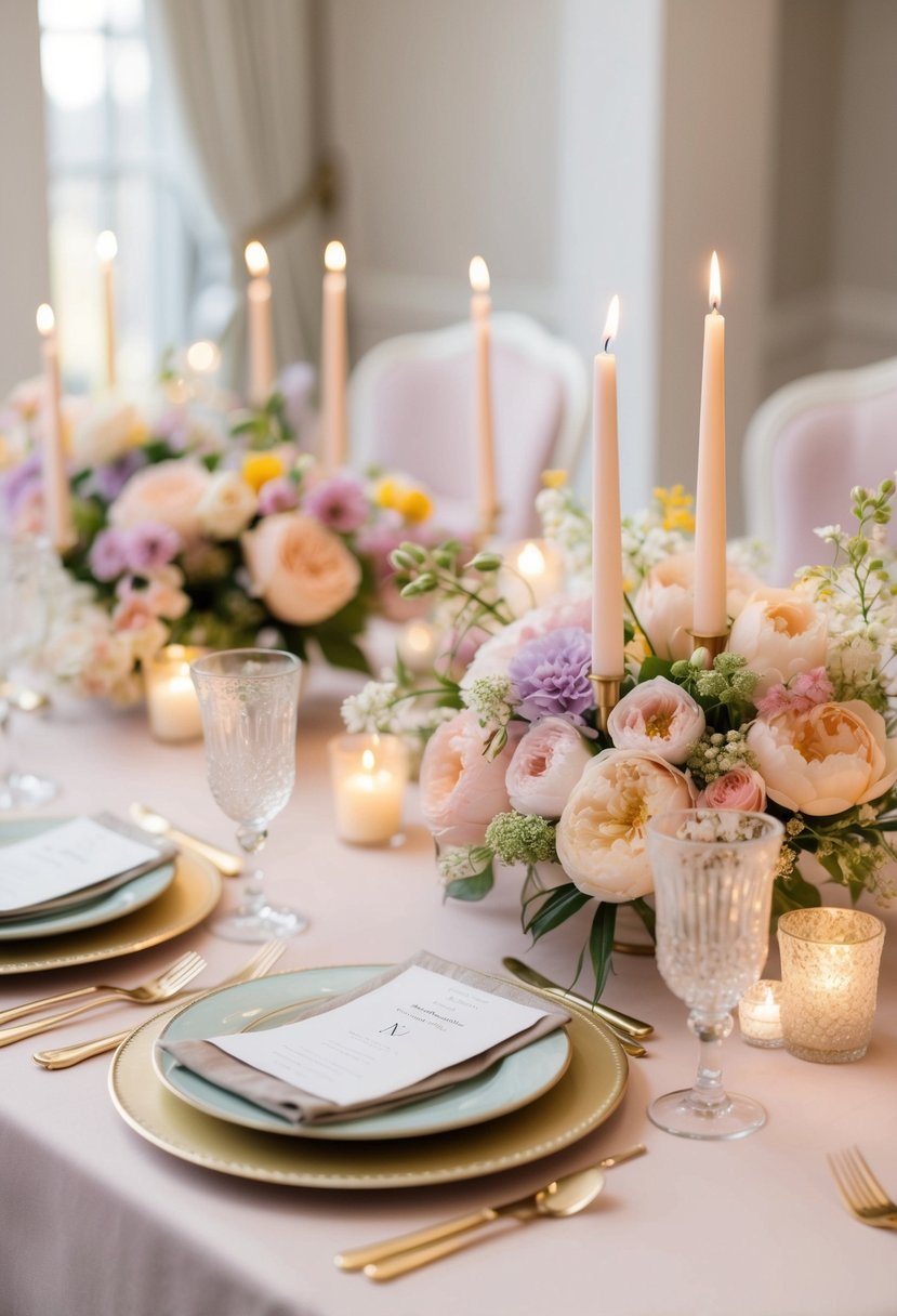 A table adorned with pastel flowers, delicate place settings, and twinkling candles, creating a romantic and elegant atmosphere for a spring wedding