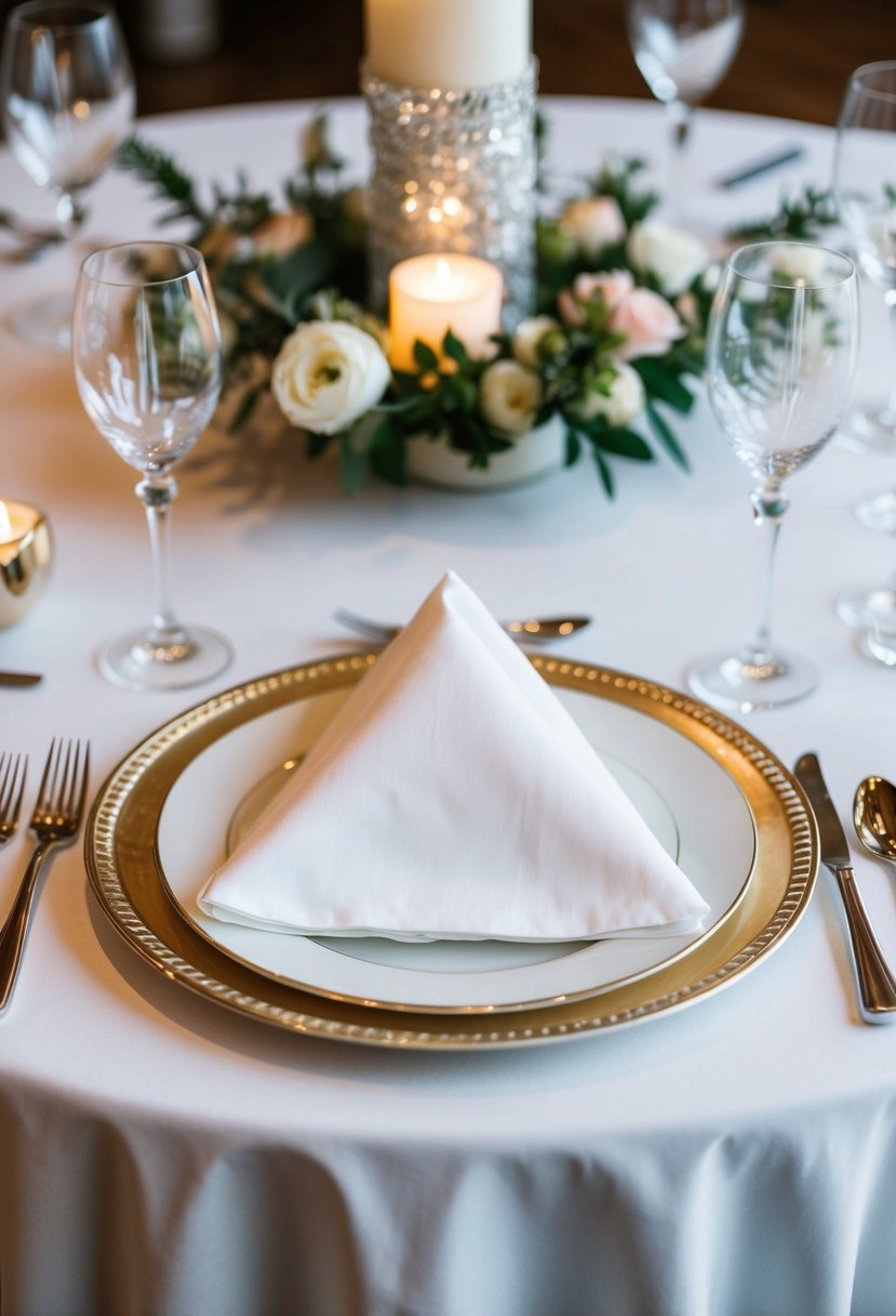 An elegant triangle fold napkin rests on a pristine wedding table, adorned with delicate floral accents and a shimmering centerpiece