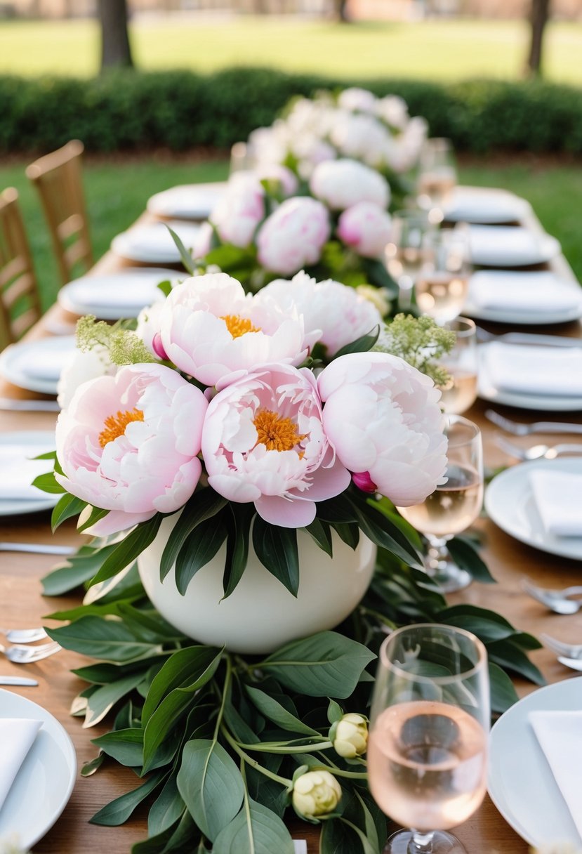 A table adorned with lush peony floral centerpieces for a spring wedding