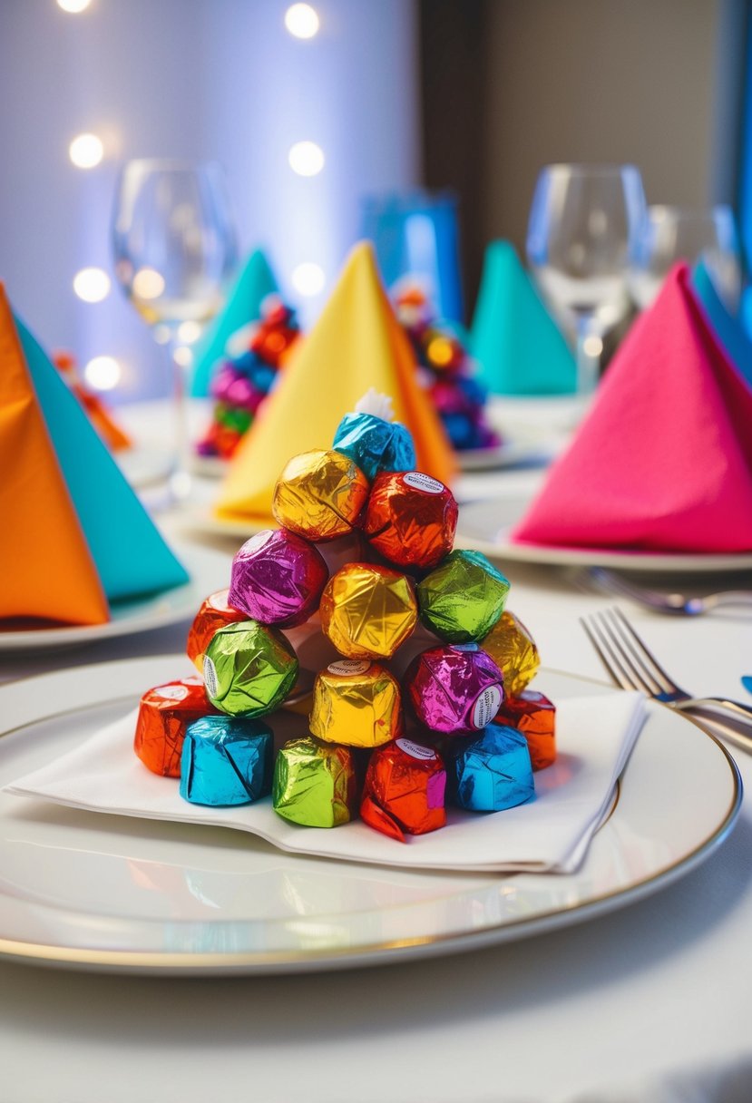 Colorful candy wrappers folded into whimsical shapes adorn wedding table napkins