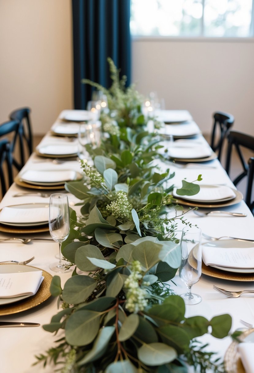 A wedding table adorned with fresh eucalyptus branches and leaves, intertwined with delicate greenery accents, creating a natural and elegant spring centerpiece