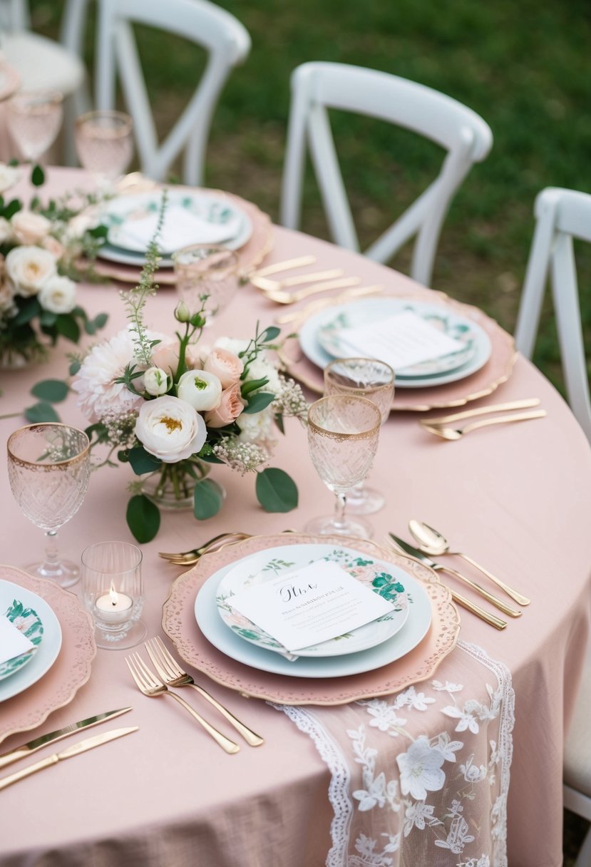 Blush linens adorned with delicate floral and lace accents, set on a spring wedding table