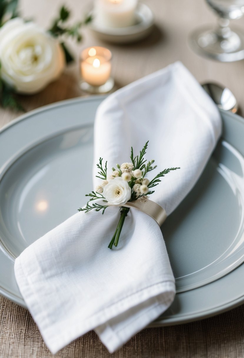 A white linen napkin is intricately folded into a sophisticated pocket fold, adorned with a delicate floral or ribbon decoration, placed elegantly on a wedding table