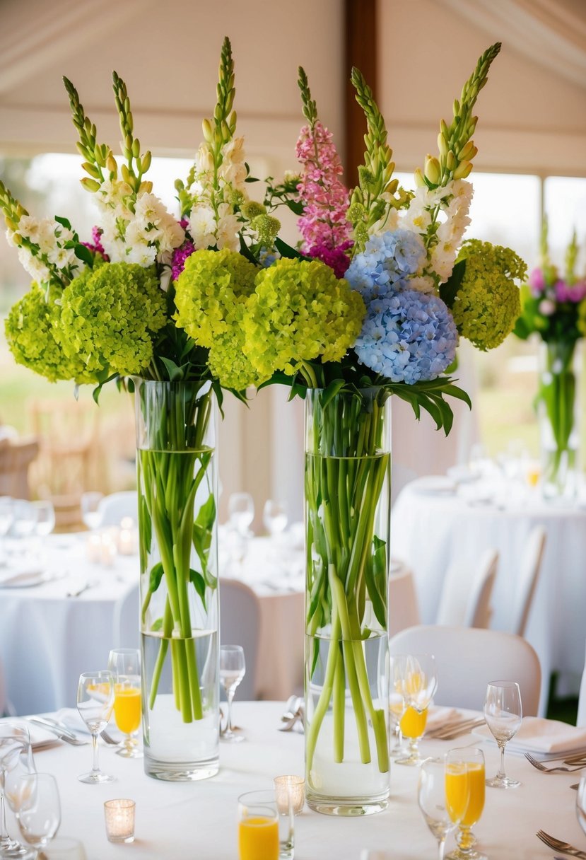 Tall vases filled with vibrant spring blooms adorn a wedding table, adding a touch of natural beauty and elegance to the celebration