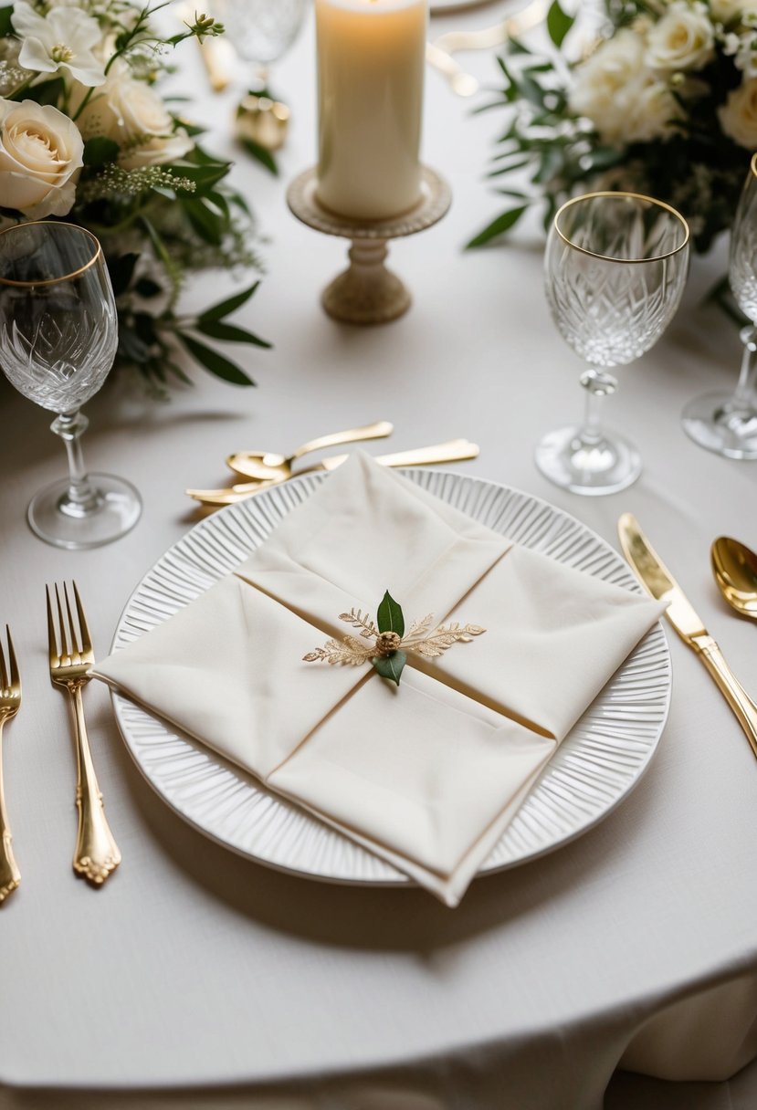 A chic envelope-fold napkin lays elegantly on a wedding table, adorned with delicate details and serving as a stylish decoration