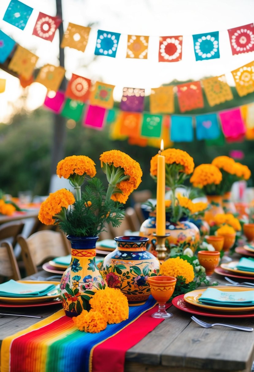 A colorful array of papel picado banners, marigold flowers, and ceramic pottery adorns the festive Mexican wedding table