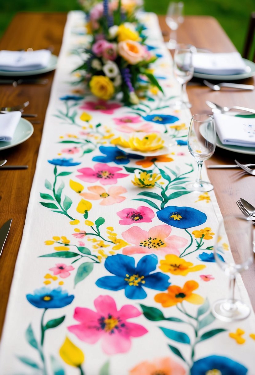 A colorful watercolor table runner adorned with whimsical floral patterns and delicate brushstrokes, adding a touch of elegance to a spring wedding table setting