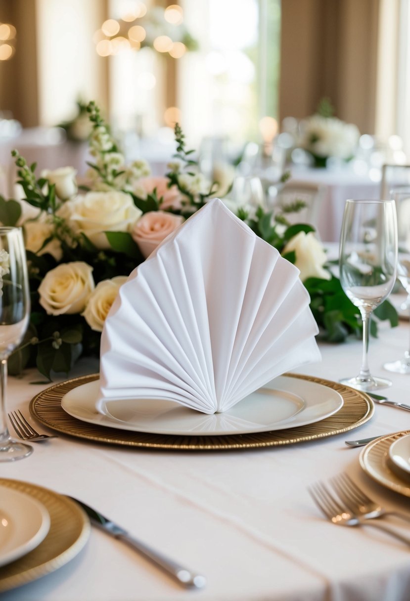 A white fan-fold napkin arranged in a decorative shape on a wedding reception table, surrounded by elegant tableware and floral centerpieces