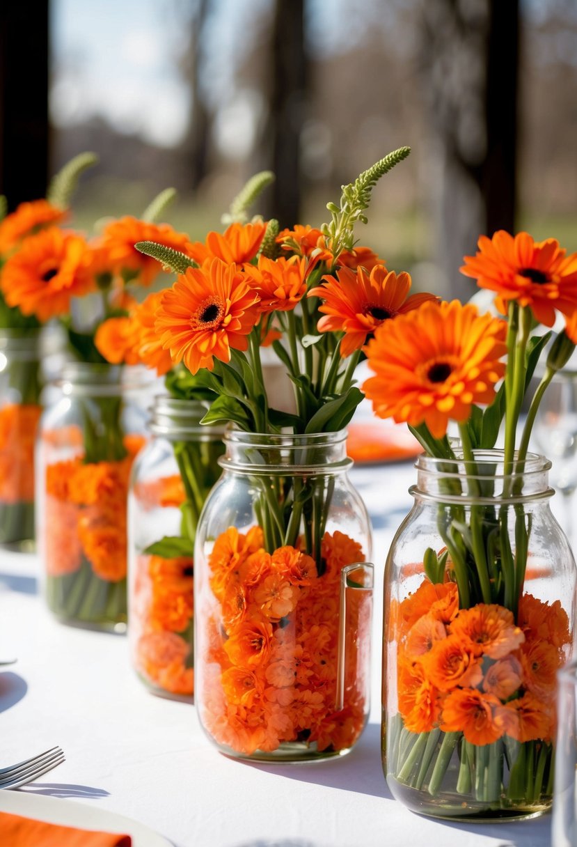 Glass jars filled with vibrant orange flowers arranged on a spring wedding table