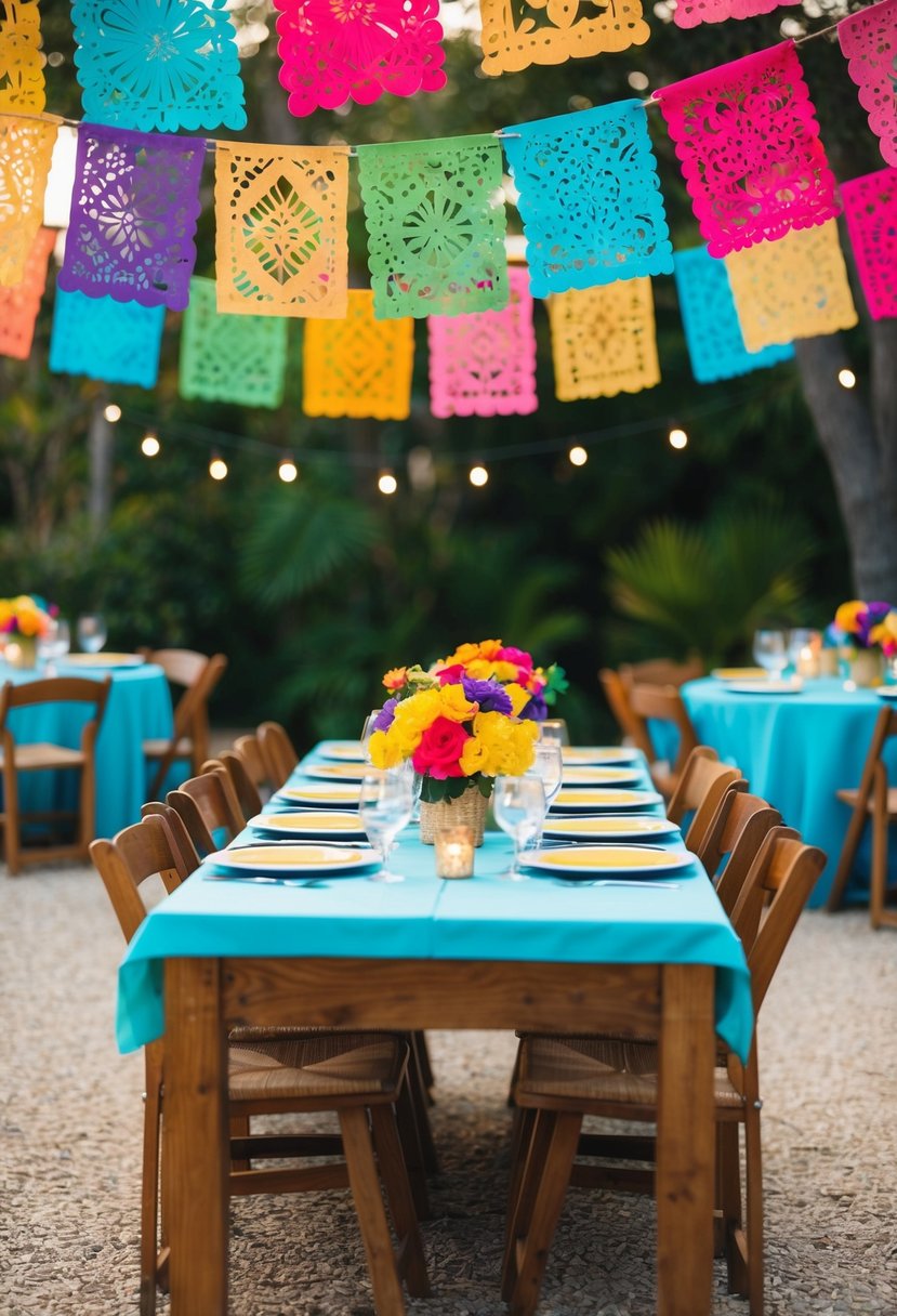 Colorful papel picado banners hang above a festive Mexican wedding table, adding a vibrant and traditional touch to the decoration