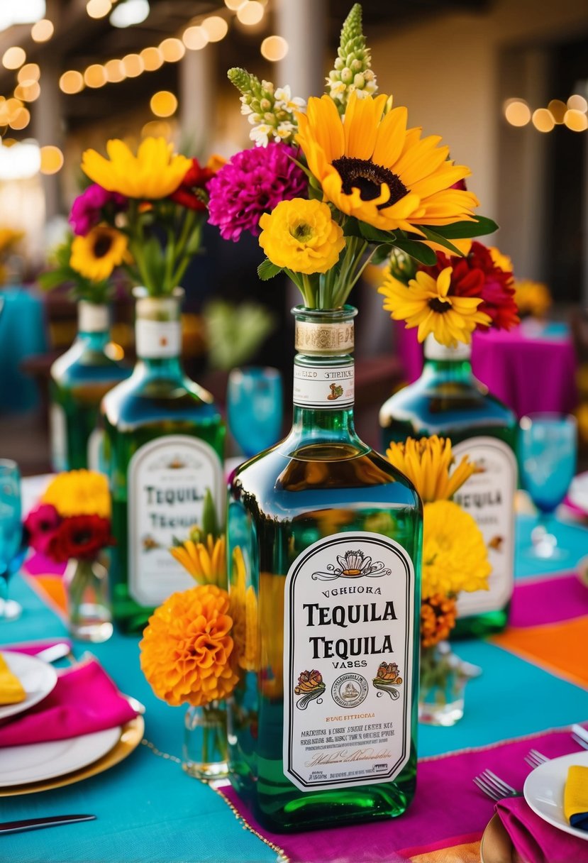 Tequila bottle vases filled with vibrant flowers adorn a festive Mexican wedding table