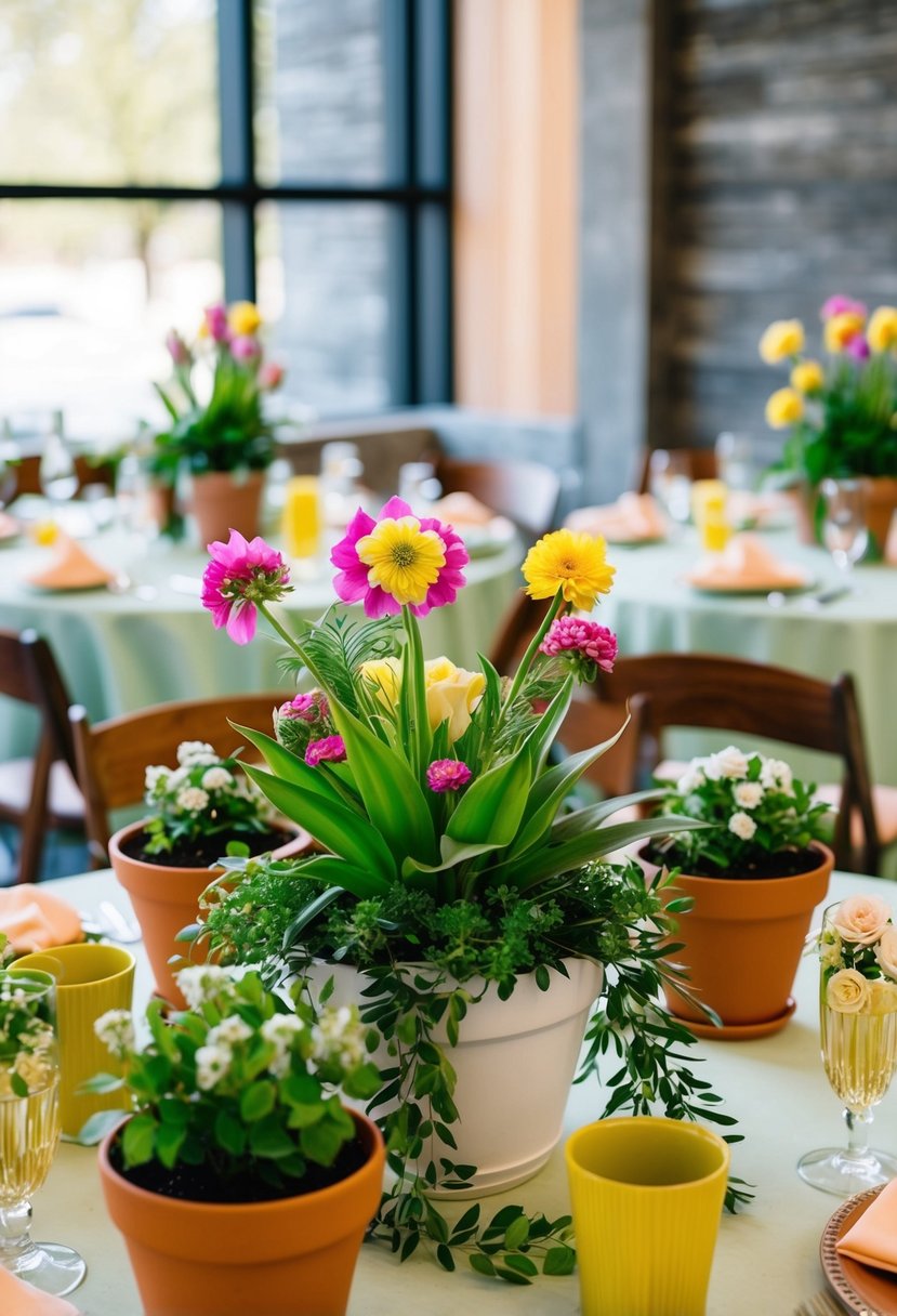 Potted plants arranged on tables with colorful blooms and greenery, serving as unique centerpieces for a spring wedding