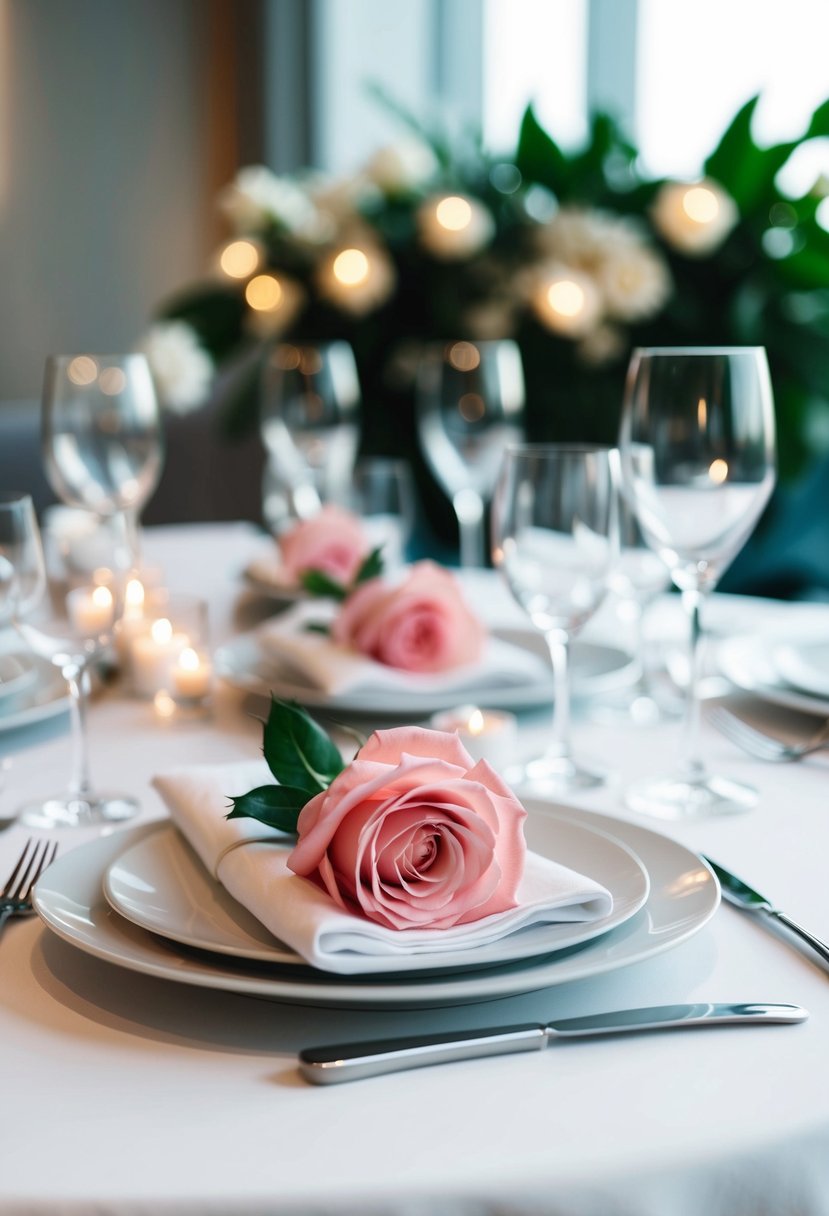 A folded rose napkin adorns a modern wedding table, adding elegance and charm to the contemporary decor