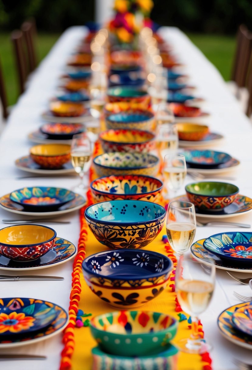 A colorful array of hand-painted Talavera pottery adorns a festive Mexican wedding table