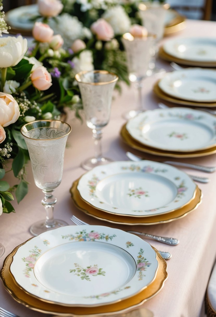 Vintage plates in layers, adorned with delicate floral patterns, create a charming table centerpiece for a spring wedding